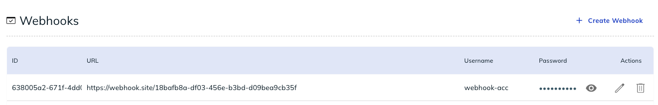 Trustap Dashboard showing webhooks section