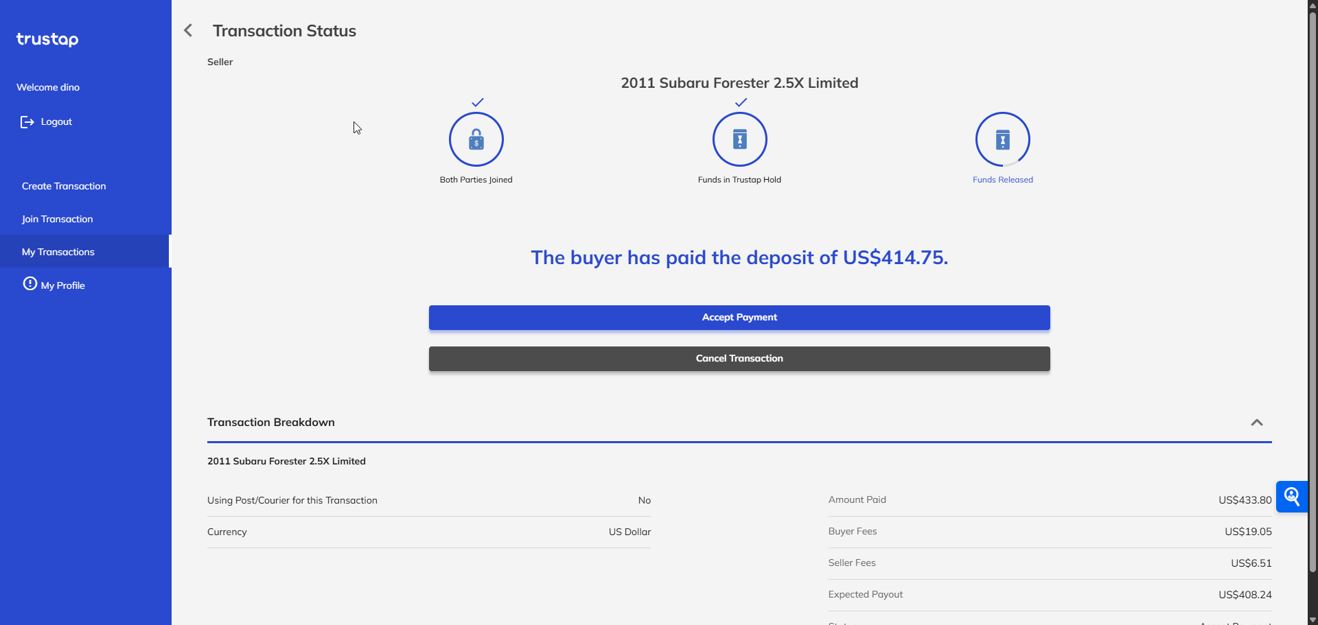 Image showing Trustap dashboard with option for accepting deposit