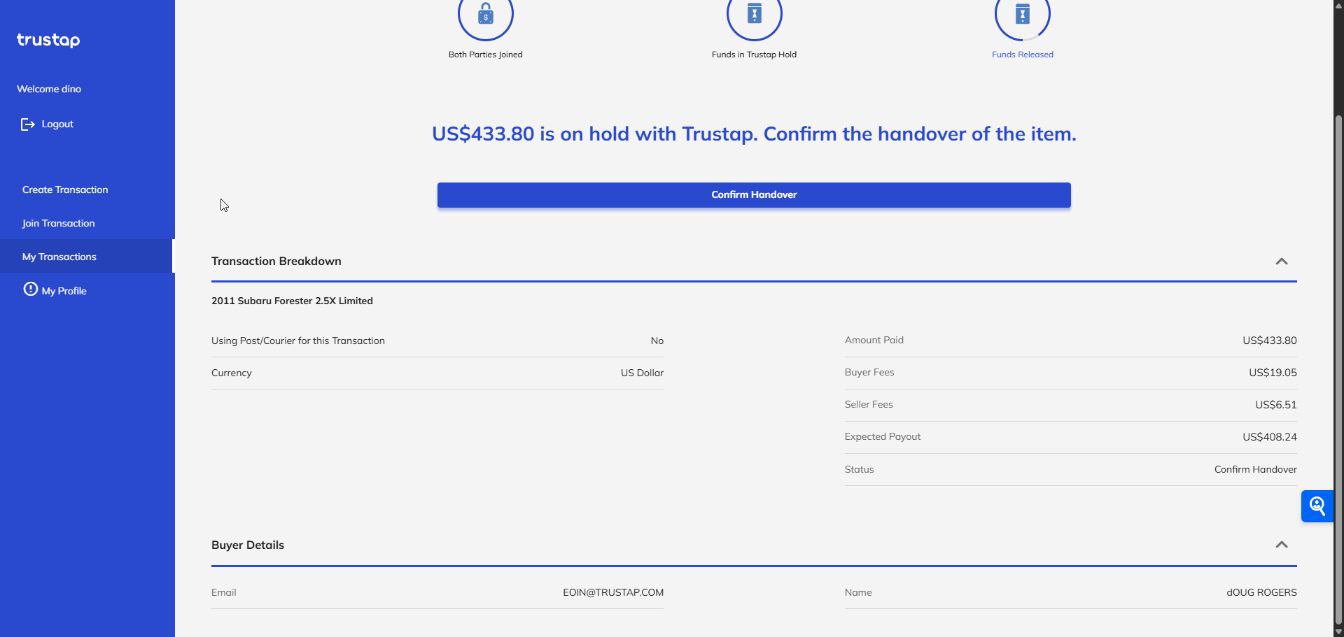 Image showing Trustap dashboard with confirm handover button
