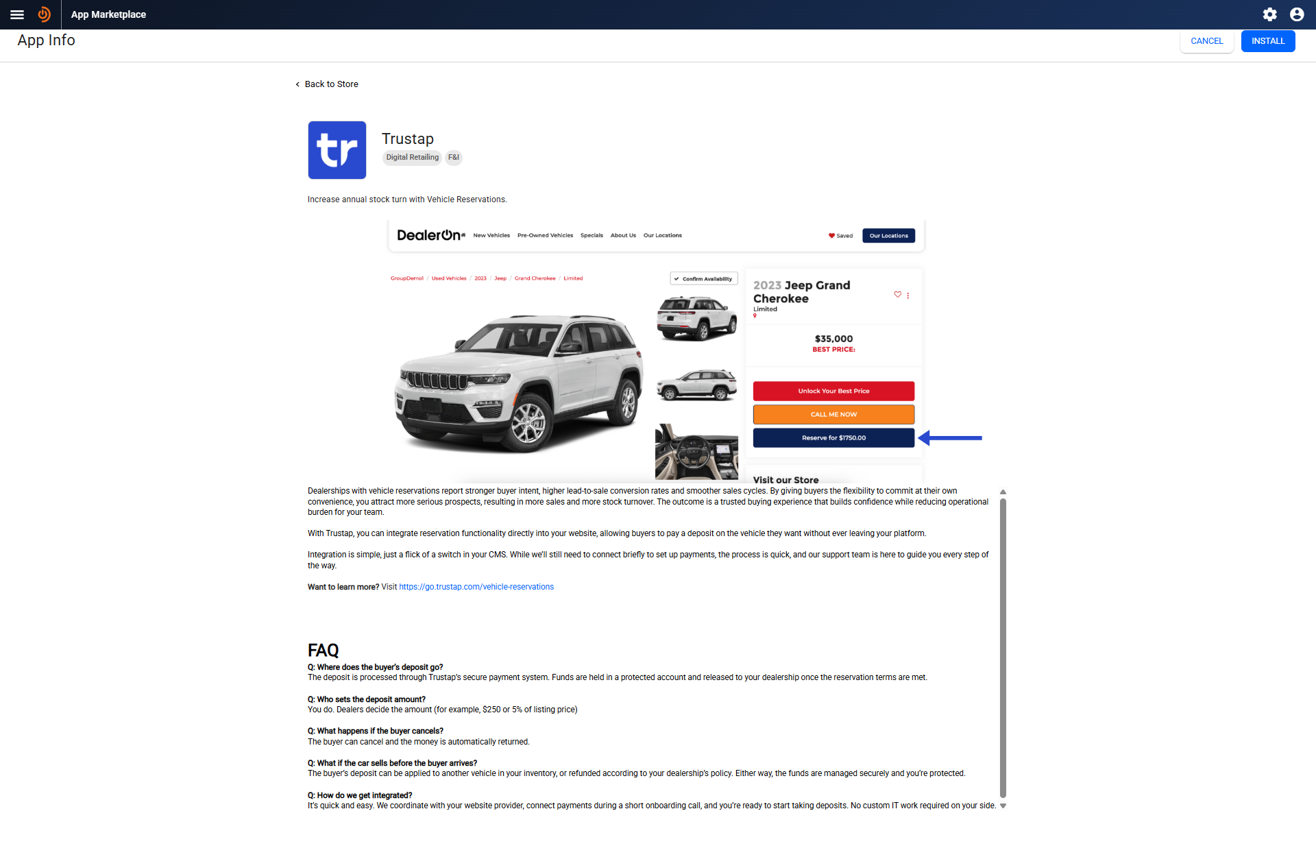 Image showing Trustap plugin in DealerOn marketplace
