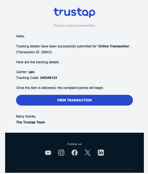 Sample email sent to a seller after they have submitted tracking details