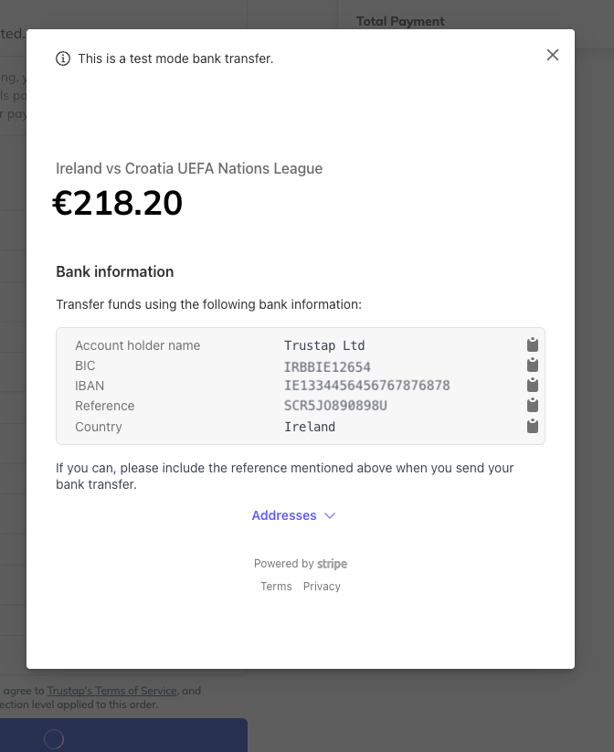 Bank transfer details